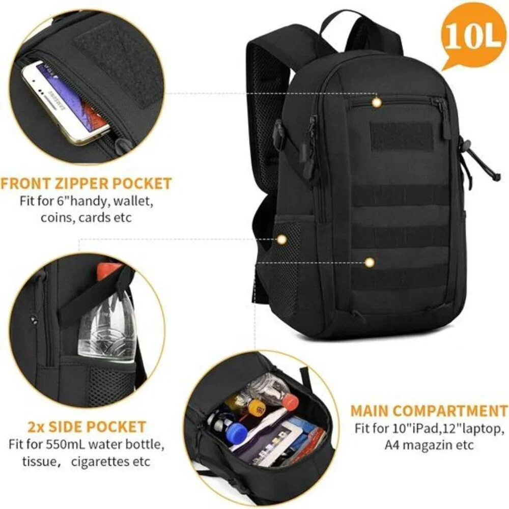 HUNTVP Tactical Mini Backpack MOLLE Military Daypack Hiking Gear 10L